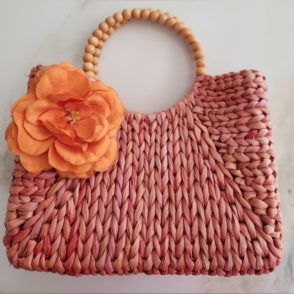 alma tonutti Handbags - Orange Woven Summer Raffia Handbag with Gorgeous Orange Flower Accent